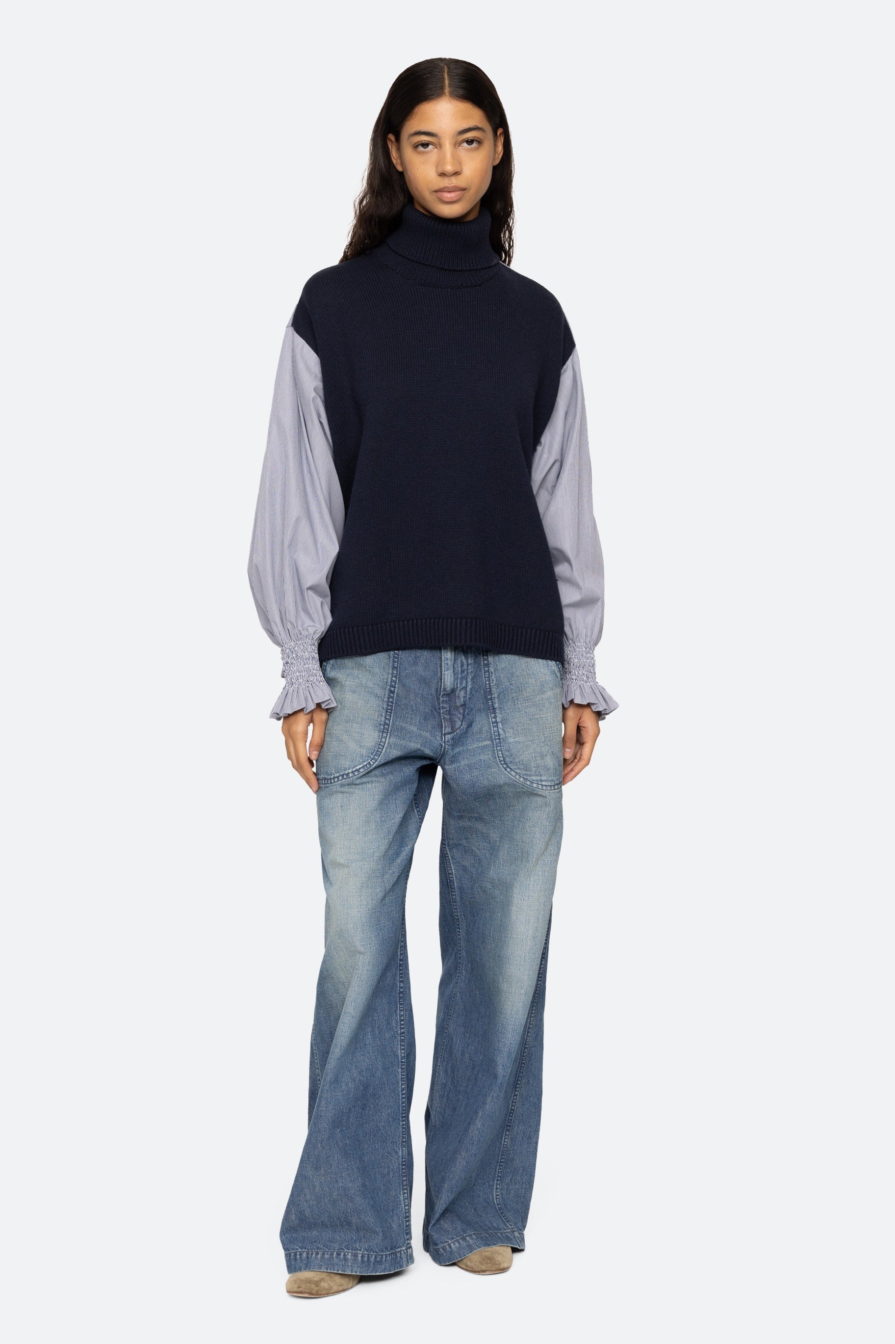 SEA NY DEVANA MIXED MEDIA KNIT TURTLENECK COMBO SWEATER
