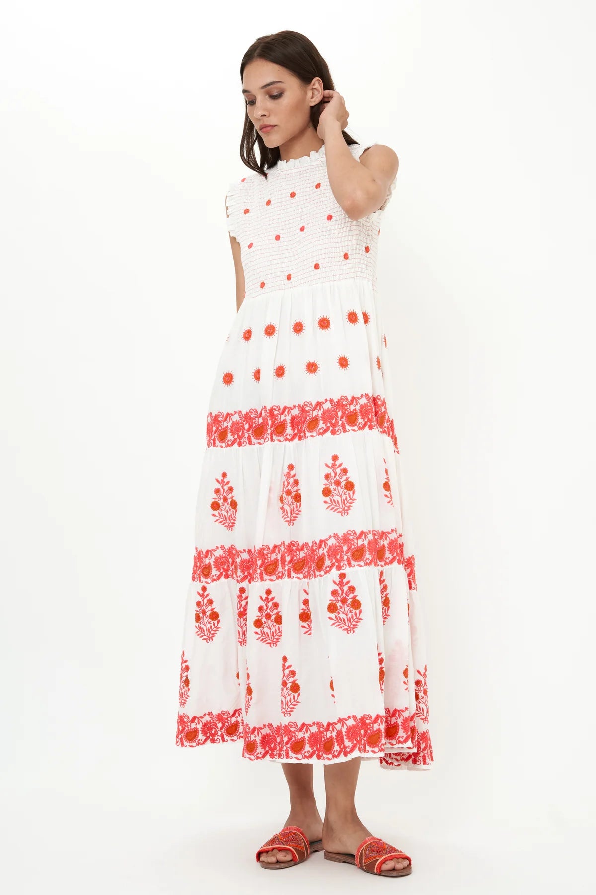 OLIPHANT SLEEVELESS SMOCKED MAXI CALISTOGA CORAL