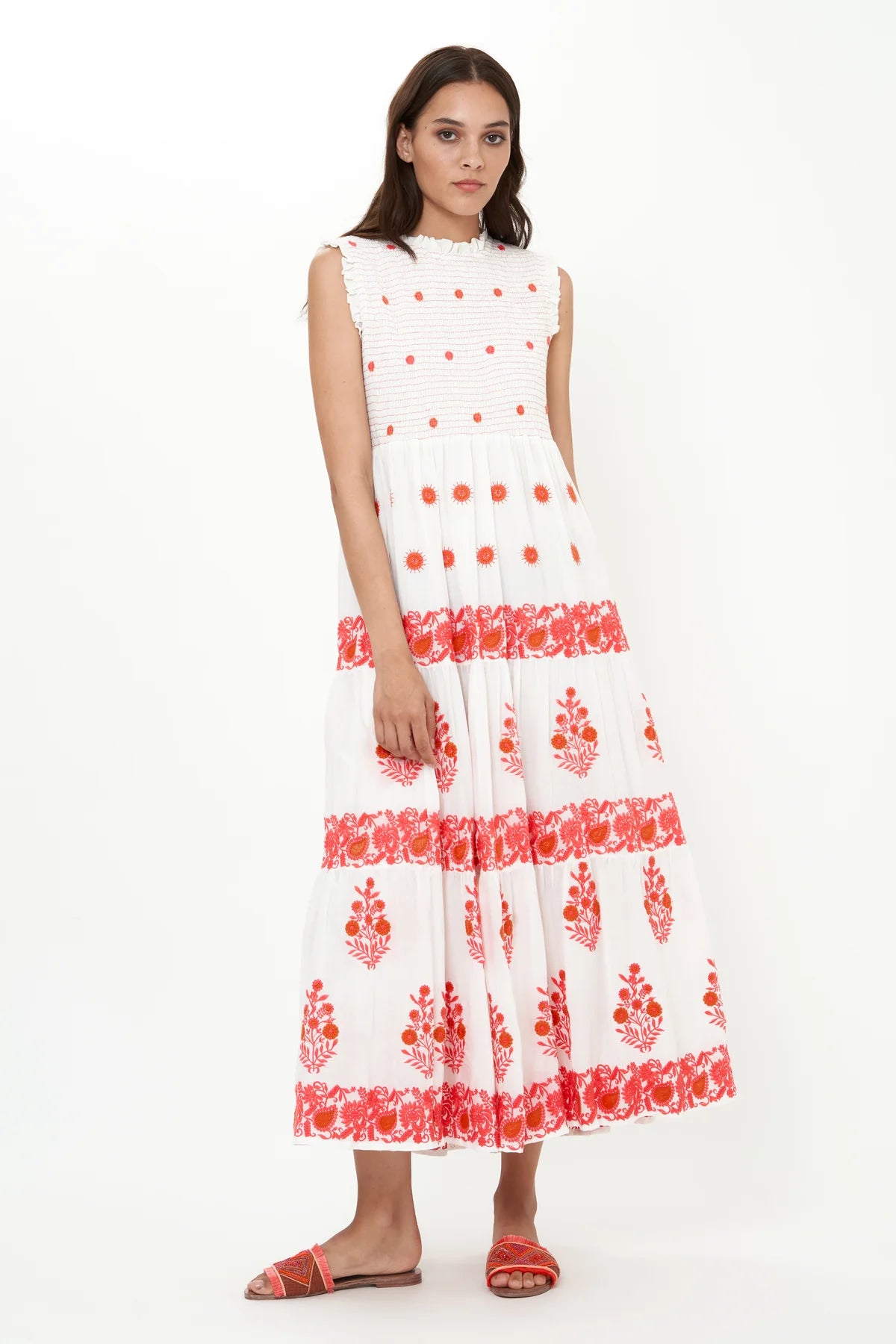 OLIPHANT SLEEVELESS SMOCKED MAXI CALISTOGA CORAL