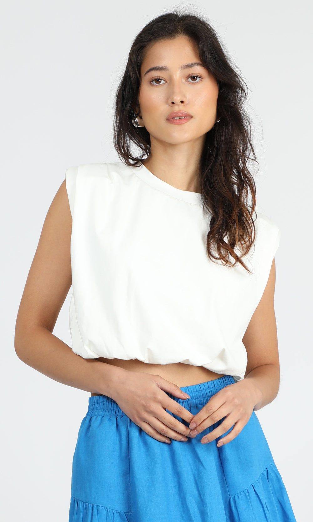greylin Alisa Padded Shoulder Jersey Bubble Top