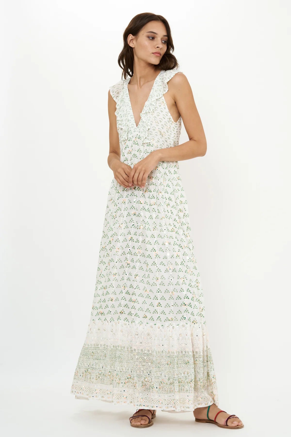 OLIPHANT RUFFLE V-NECK MAXI JUNIPER OLIVE