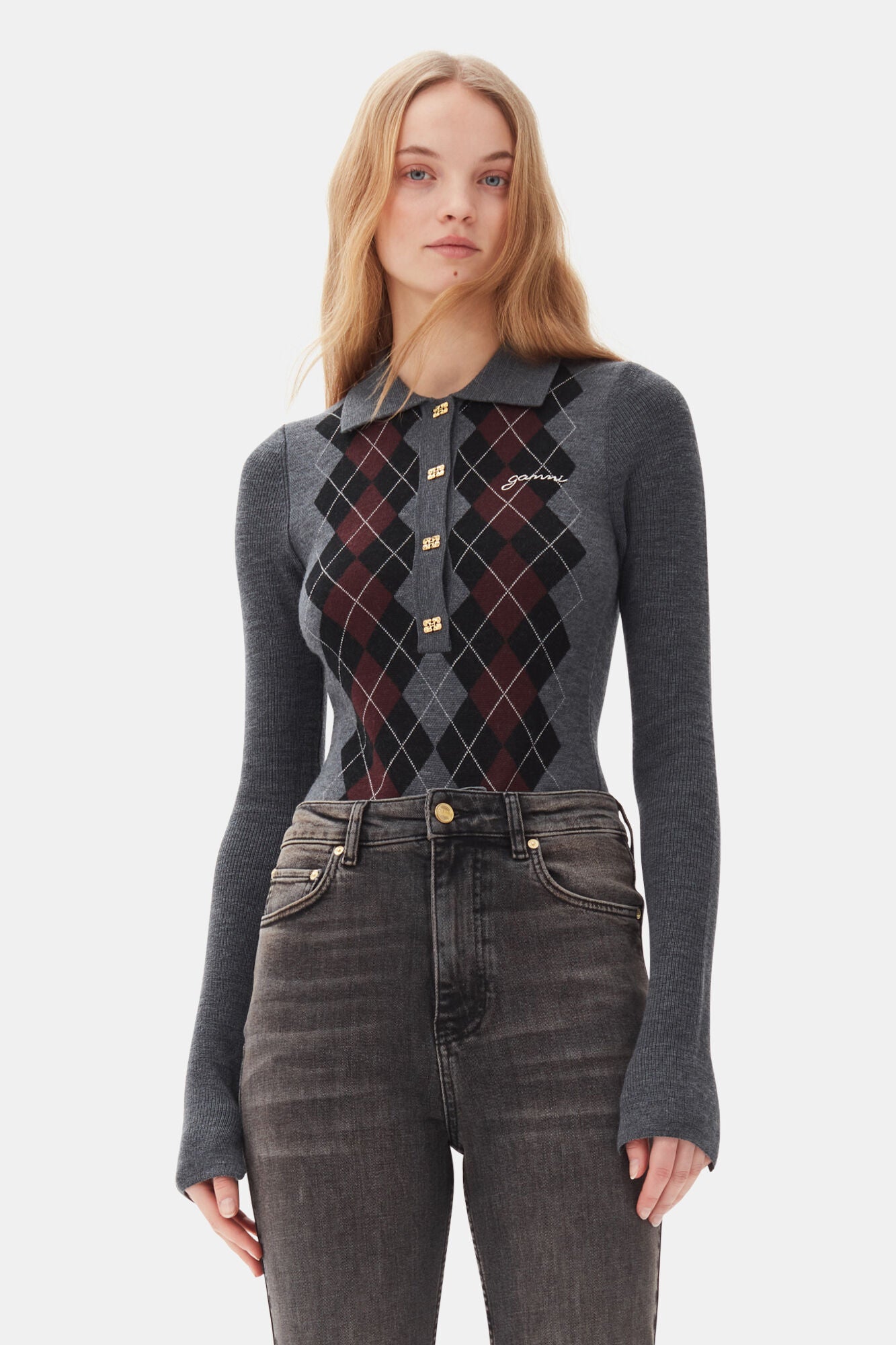 GANNI FINE MERINO JACQUARD POLO