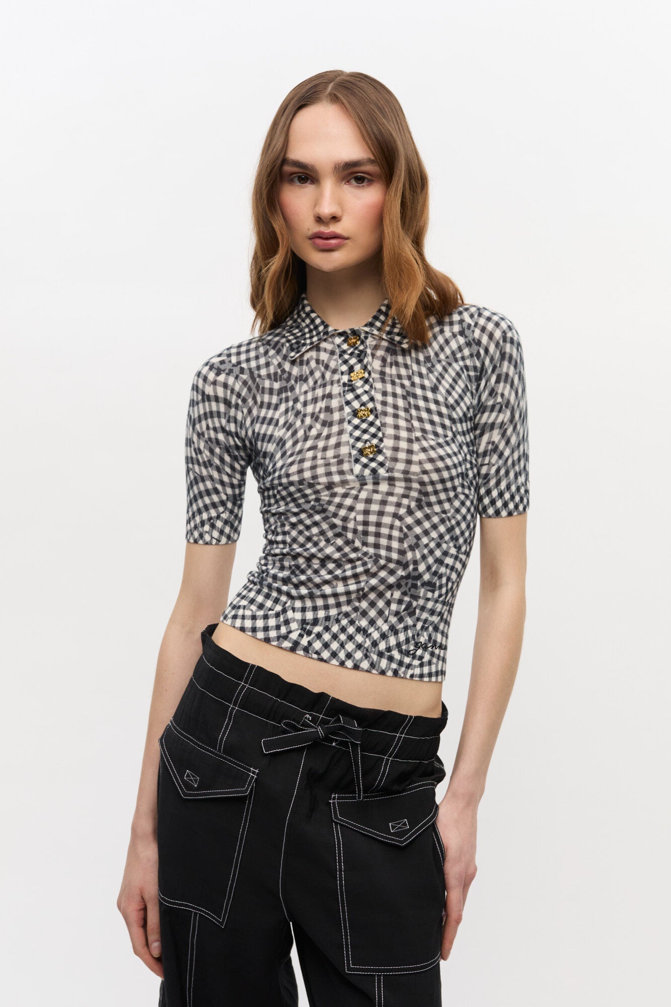 GANNI Black Sheer Cotton Printed Polo Shirt