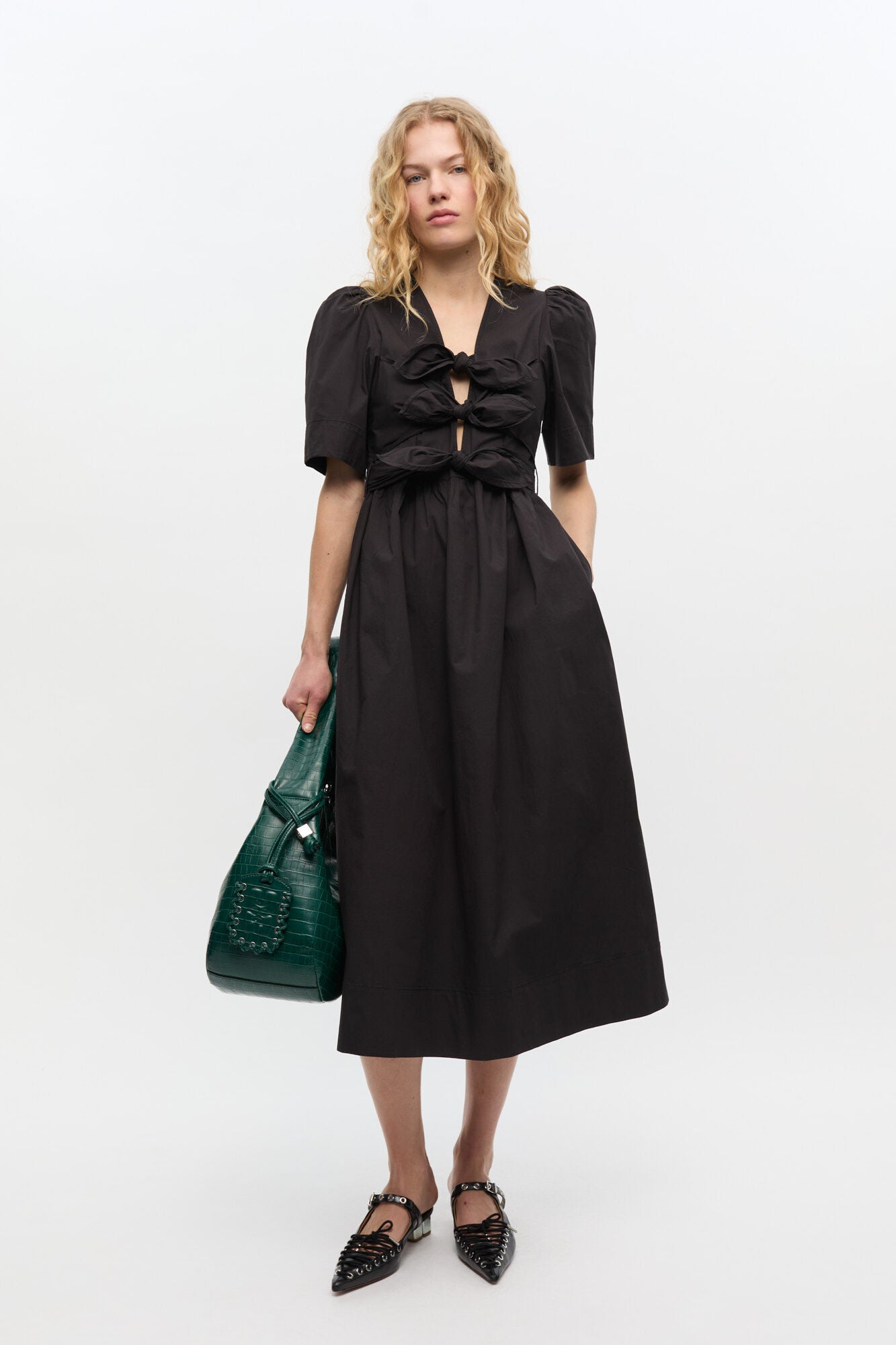 GANNI BLACK STRECH COTTON TIE STRAP MIDI DRESS - Main Image