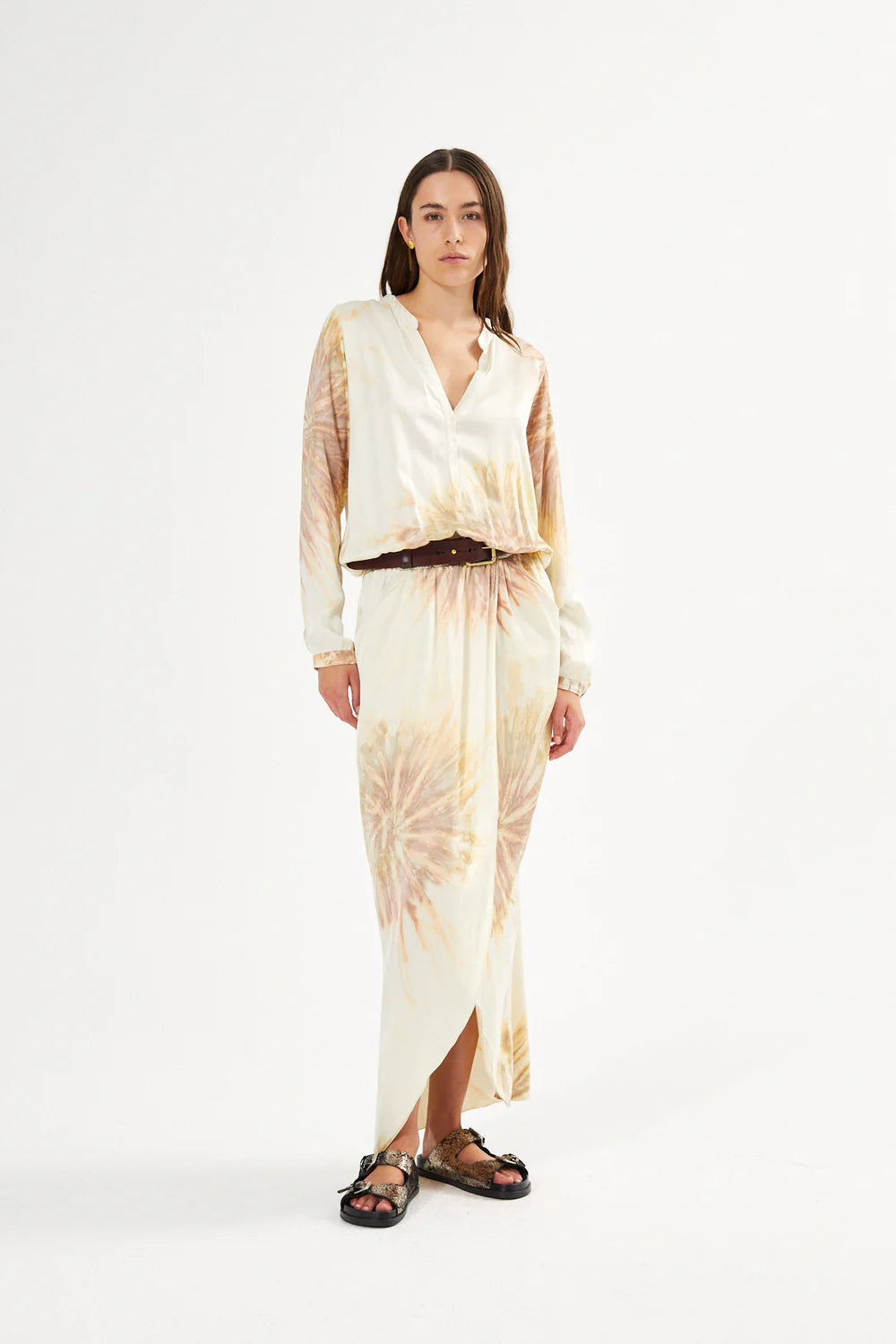 RABENS SALONER VERA CARTWHEEL WRAP OVER DRESS SEASHELL COMBO