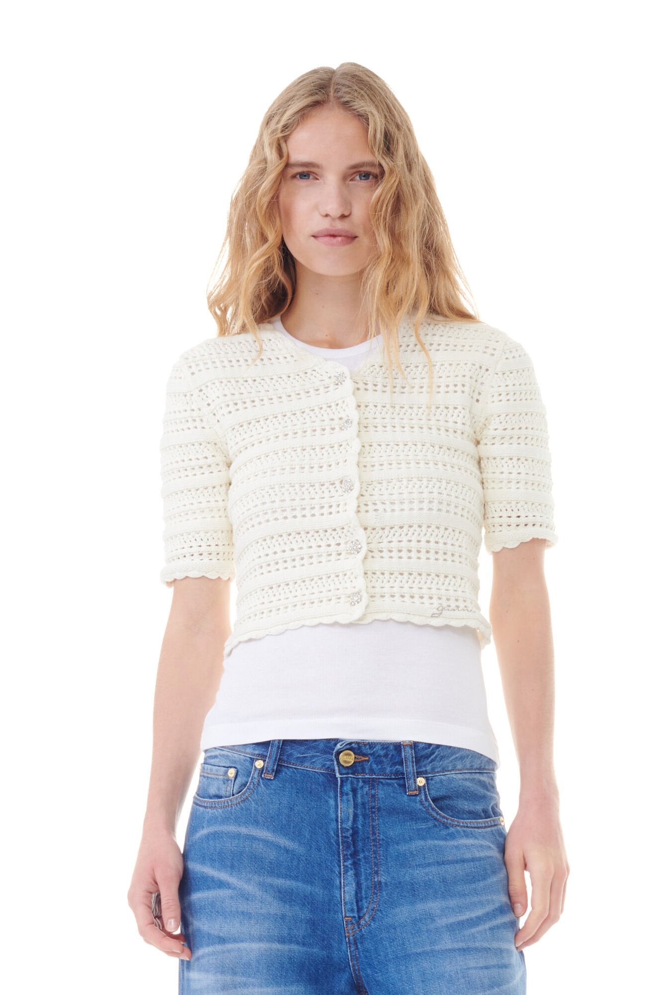 POINTELLE SHORT SLEEVE CARDIGAN