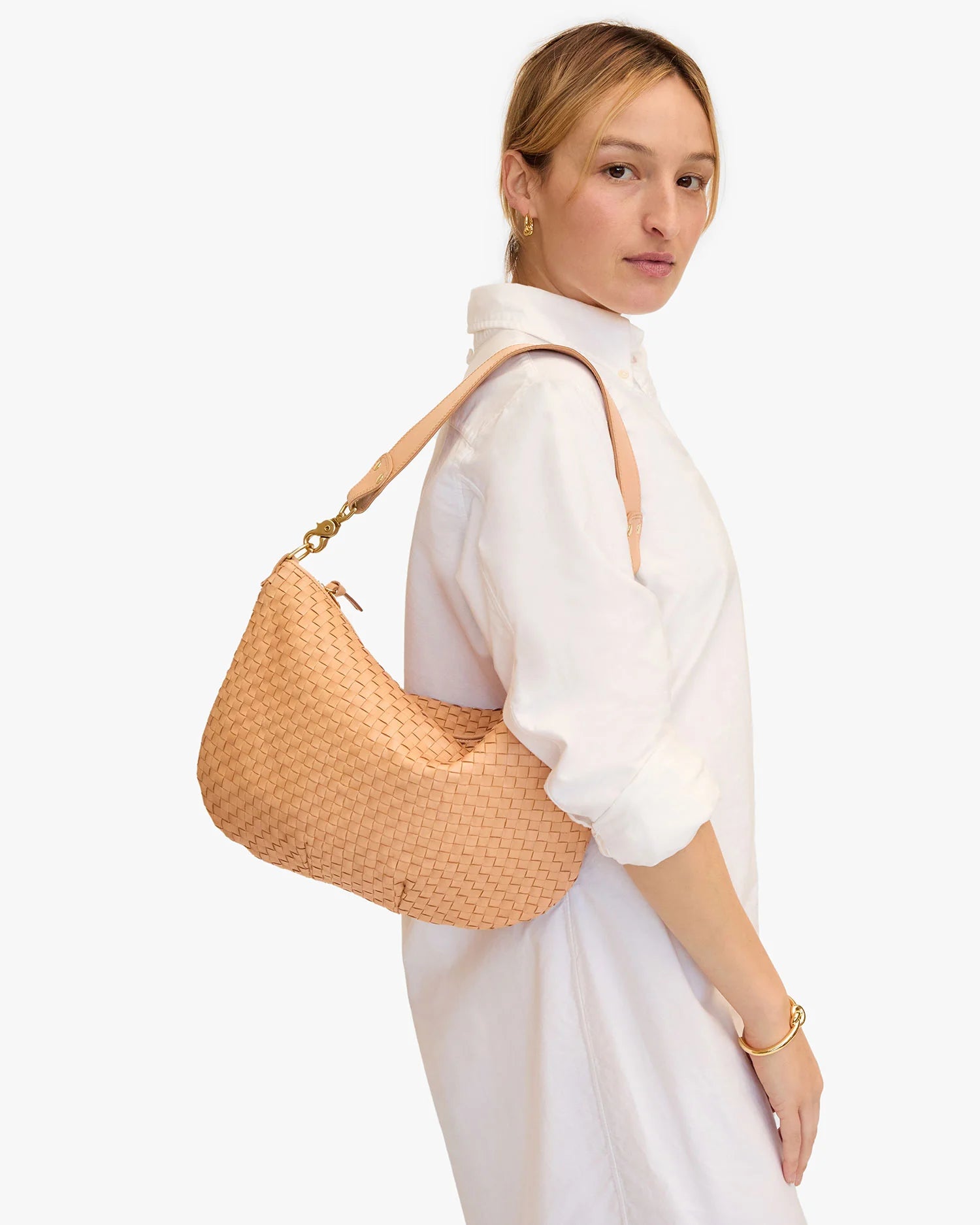 CLARE V MOYEN MESSENGER BISQUE WOVEN CHECKER
