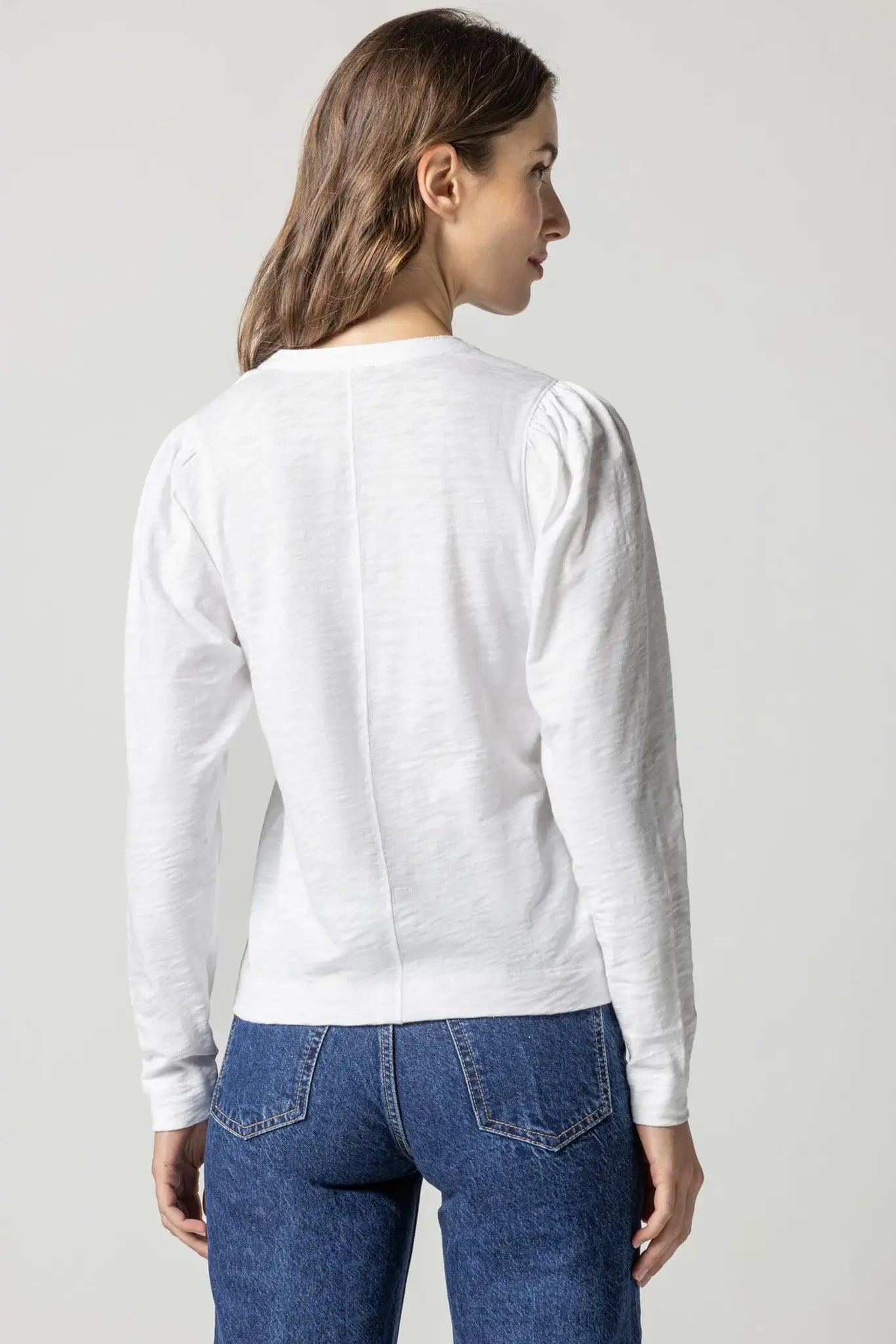 SHIRRED LONG SLEEVE SPLIT NECK