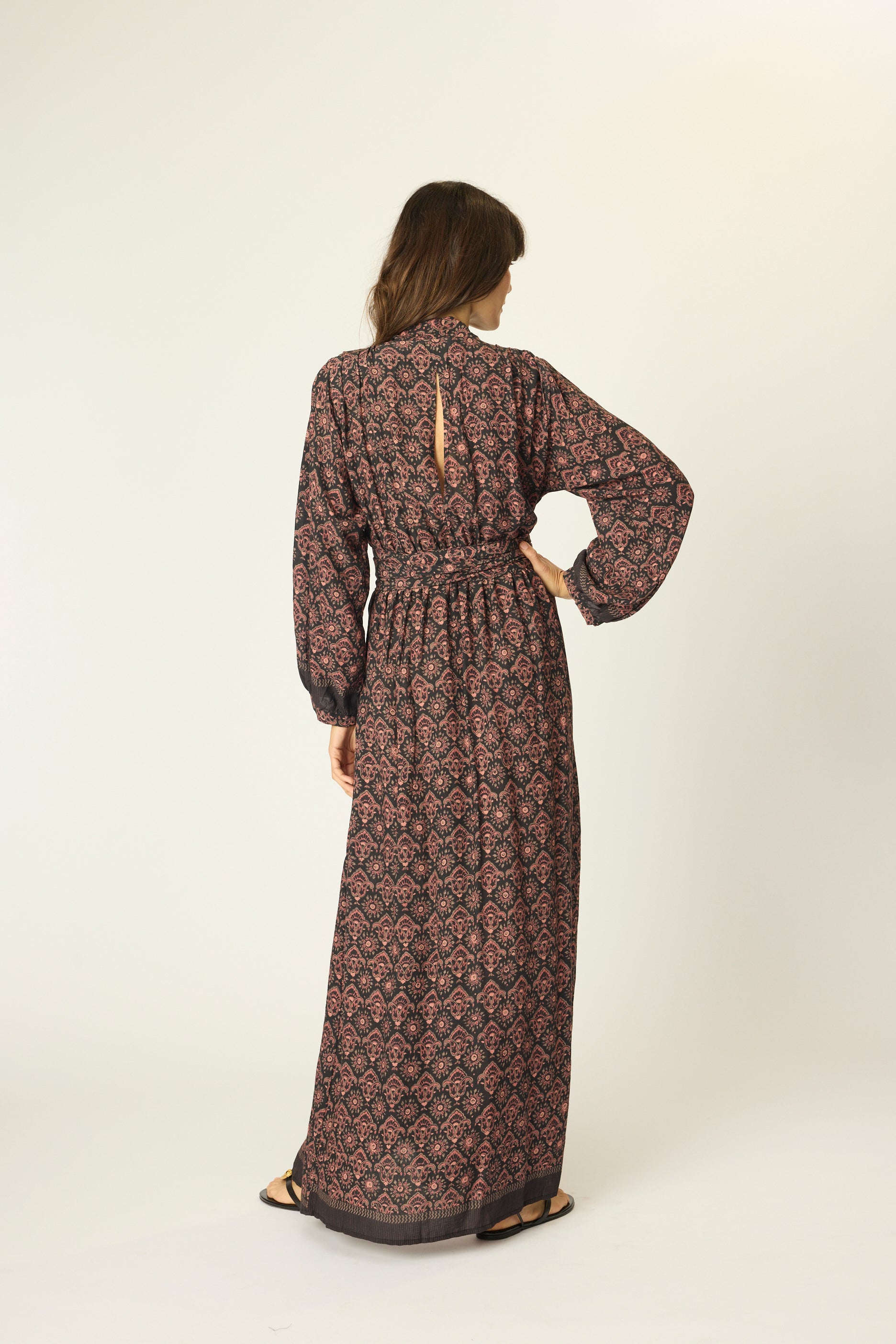 NATALIE MARTIN NICO LONG SLEEVE MAXI WITH SASH FLEUR DE LIS BLACK