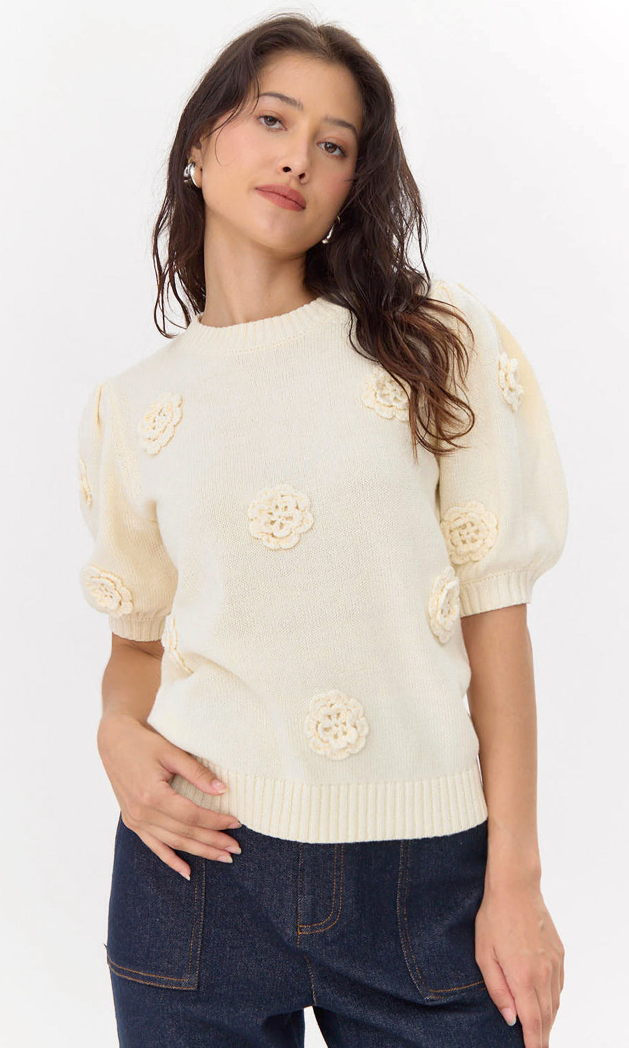 GREYLIN BRIA ROSETTE PUFF SLEEVE SWEATER