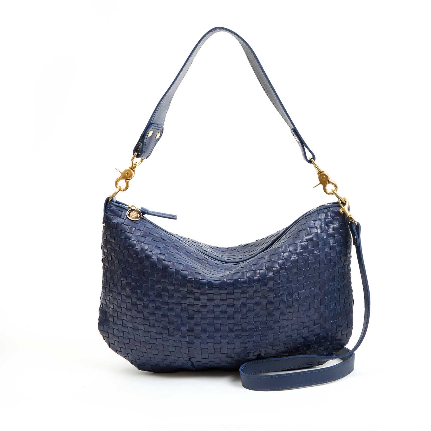 CLARE V MOYEN MESSENGER BLUE MARINE WOVEN CHECKER