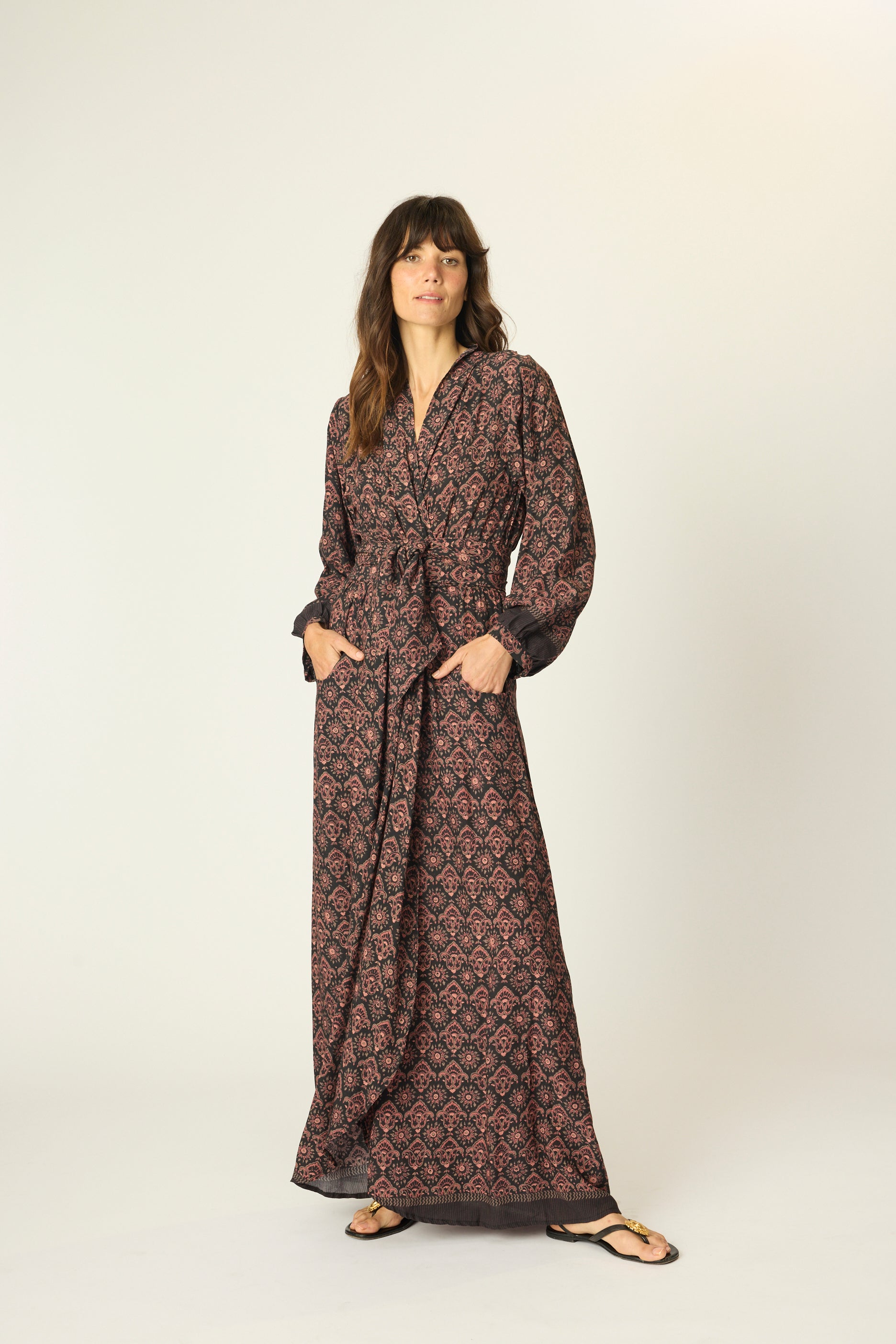 NATALIE MARTIN NICO LONG SLEEVE MAXI WITH SASH FLEUR DE LIS BLACK