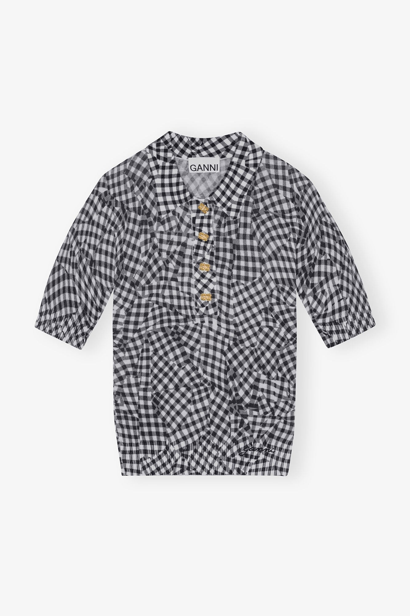 GANNI Black Sheer Cotton Printed Polo Shirt