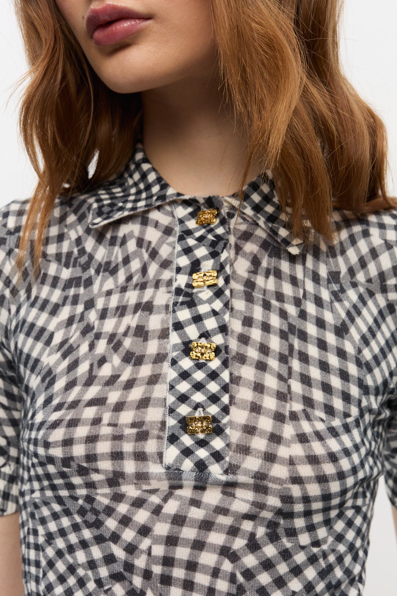 GANNI Black Sheer Cotton Printed Polo Shirt