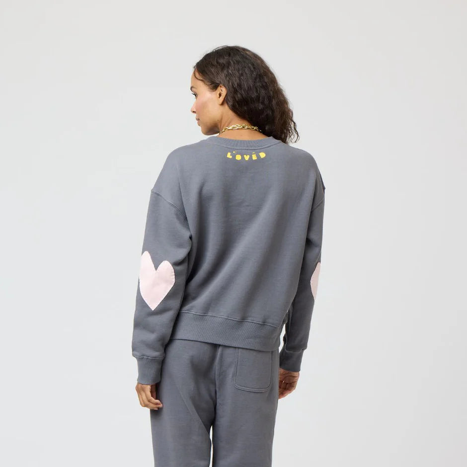 KERRI ROSENTHAL BOYFRIEND SWEATSHIRT HEART PATCHWORK FADED CARBON