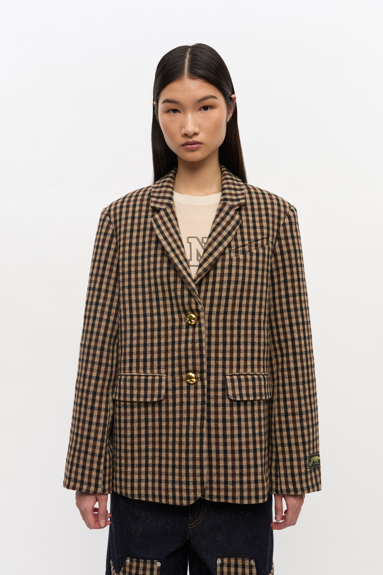 GANNI CHECK WOOL MIX OVERSIZED BLAZER