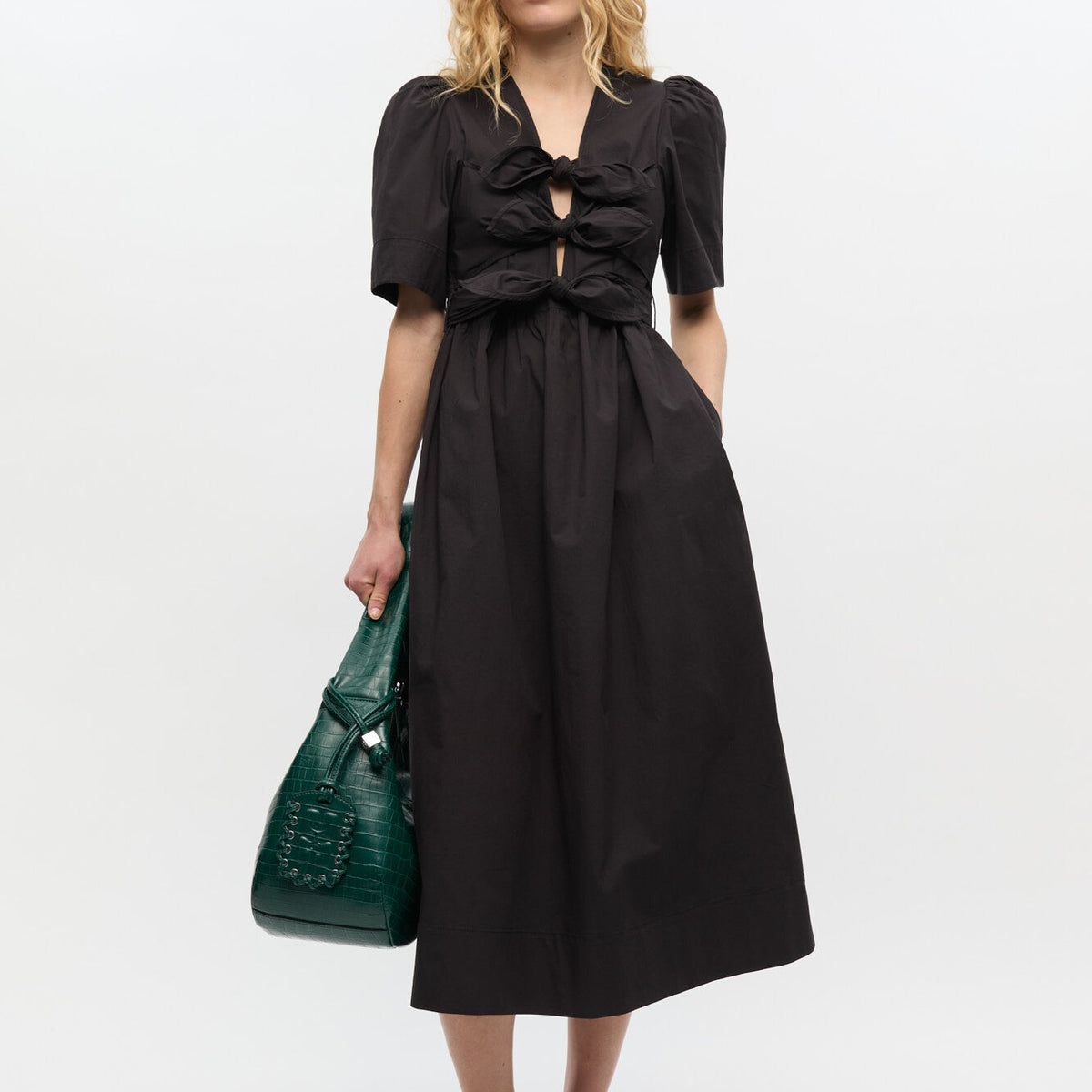 GANNI BLACK STRECH COTTON TIE STRAP MIDI DRESS