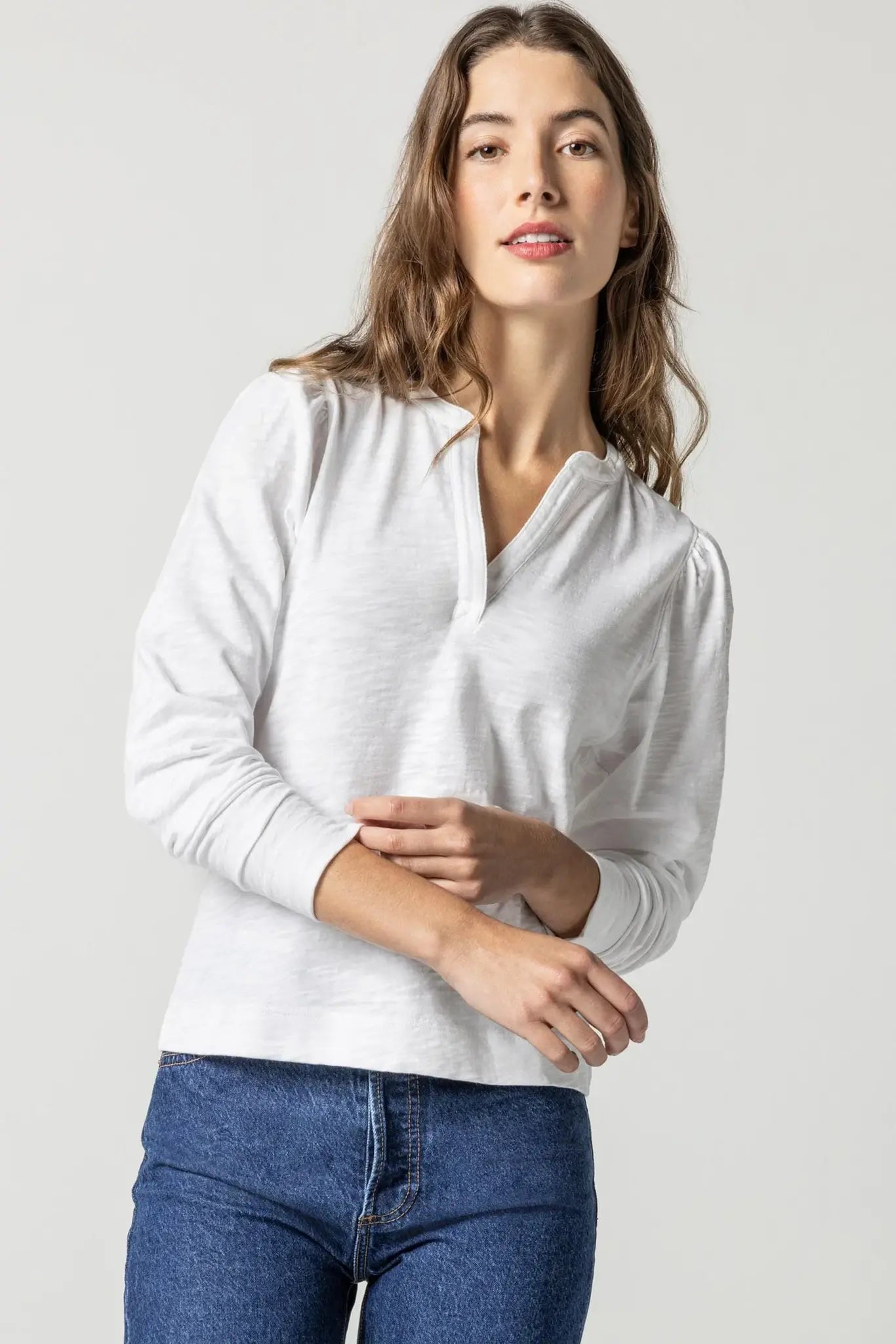 SHIRRED LONG SLEEVE SPLIT NECK