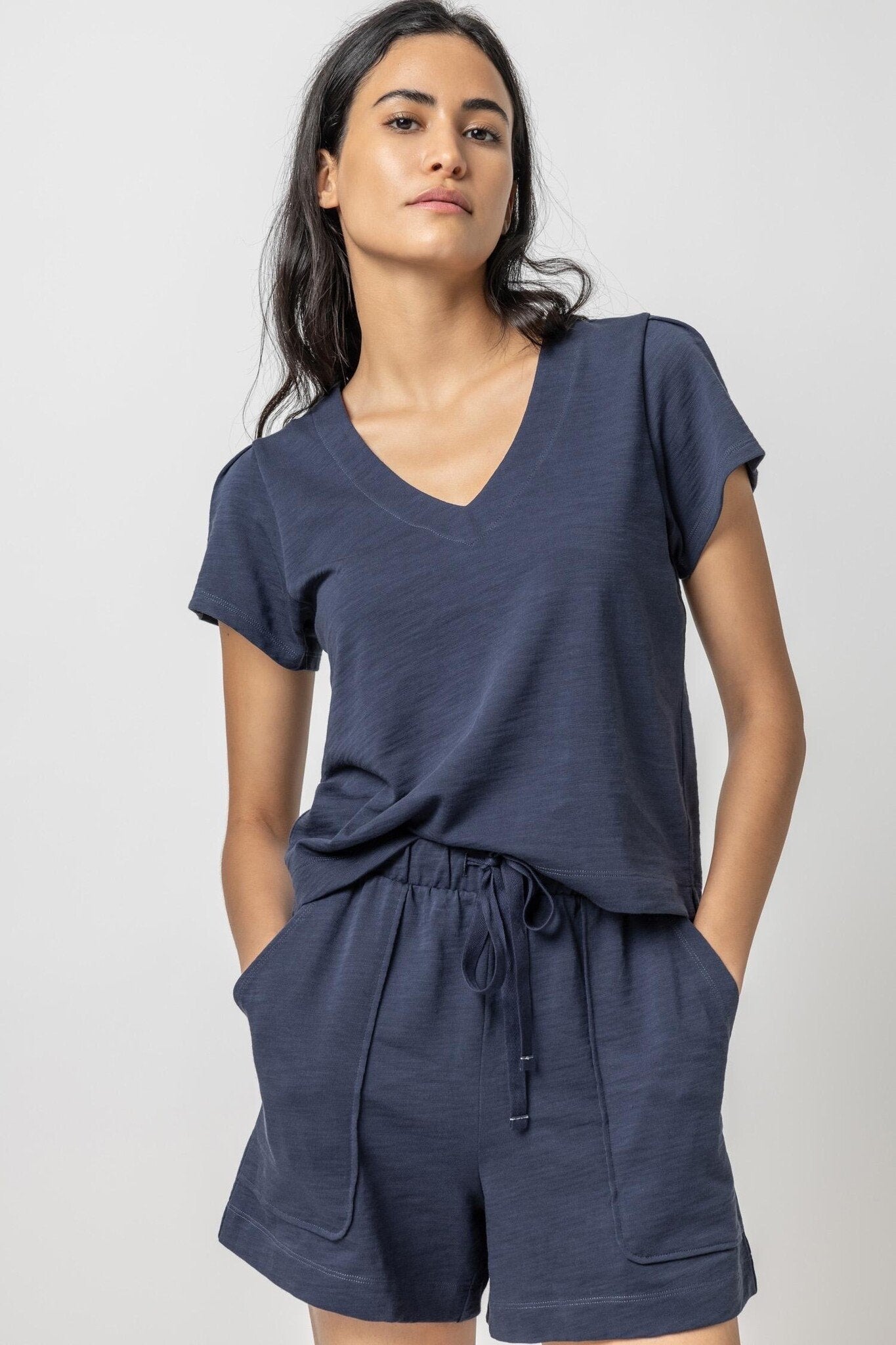 PLEATED CAP SLEEVE V-NECK